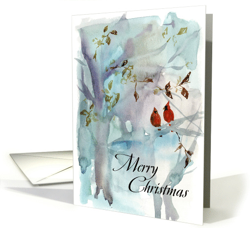 Merry Christmas Cardinals Winter Forest Watercolor card (1939554)