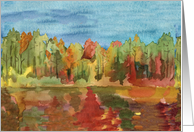 Happy Autumn Lake Tree Forest Watercolor Painting card