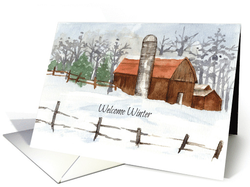 Welcome Winter Barn Snow Watercolor Painting card (1947002)