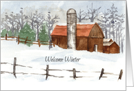 Welcome Winter Barn Snow Watercolor Painting card