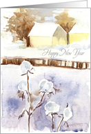 Happy New Year Winter Snow House Watercolor card
