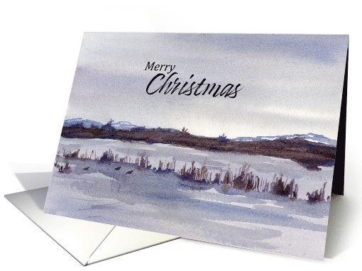 Merry Christmas Winter Lake Mountains Waterfowl card (1950272)