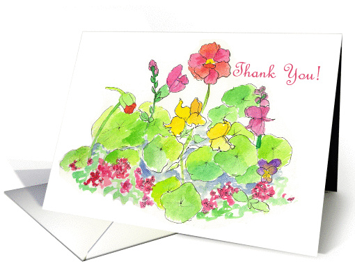 Thank You Pink Nasturtium Orange Flower Watercolor Garden card