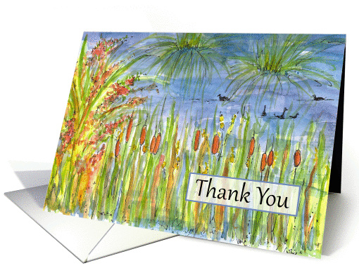 Thank you Duck Pond Cattails Nature Watercolor Art card (195059)