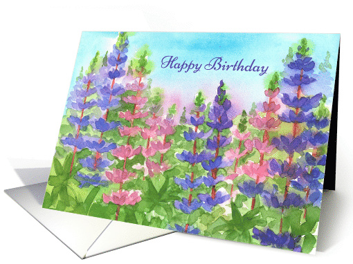 Happy Birthday Lupine Flowers Watercolor card (195483)