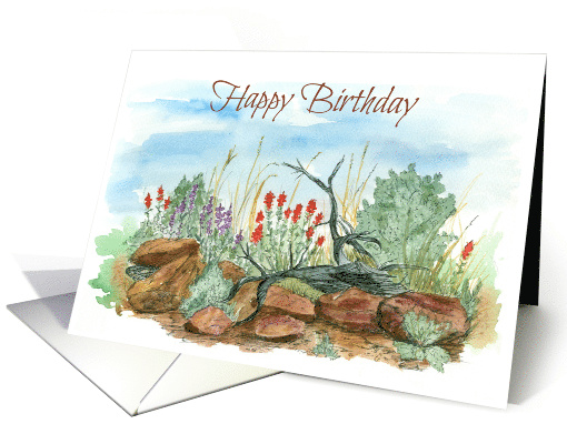 Happy Birthday Desert Wildflowers Landscape Watercolor card (201908)