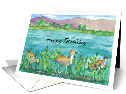 Happy Birthday Lake Shore Birds Watercolor Illustration card (201918)