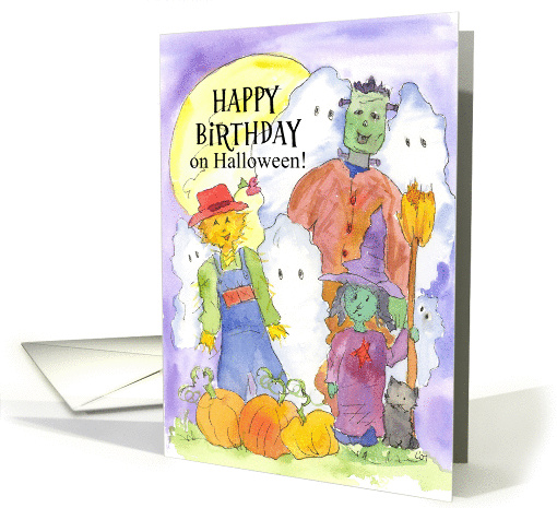 Happy Birthday on Halloween Frankenstein Scarecrow Witch Ghosts card