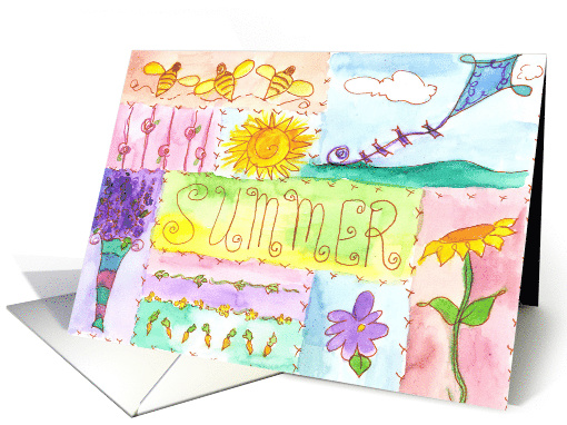 Summer Honey Bees Flowers Flying Kite Blank card (211213)