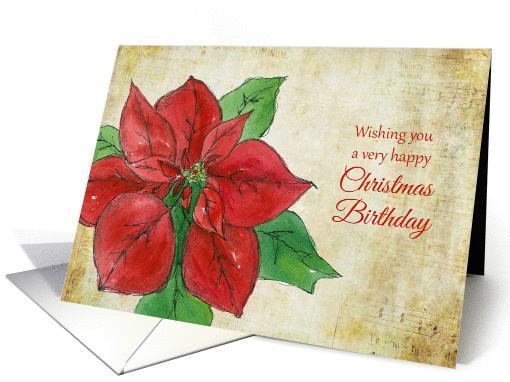 Happy Birthday Christmas Flower Red Poinsettia Watercolor Flower card