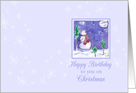 Happy Birthday on Christmas Snowman Watercolor Art Blue Snowflakes card