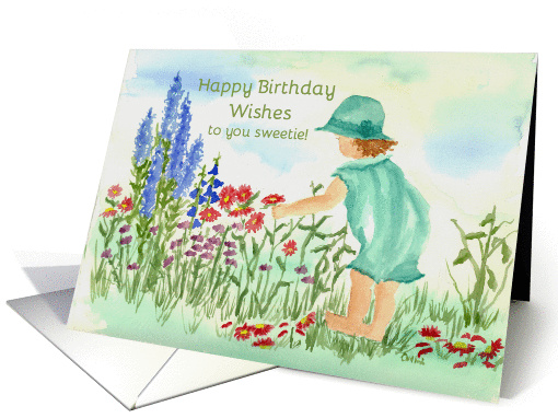 Happy Birthday To You Sweetie Little Garden Girl Watercolor card