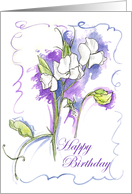 White Sweet Pea Happy Birthday Floral Watercolor card