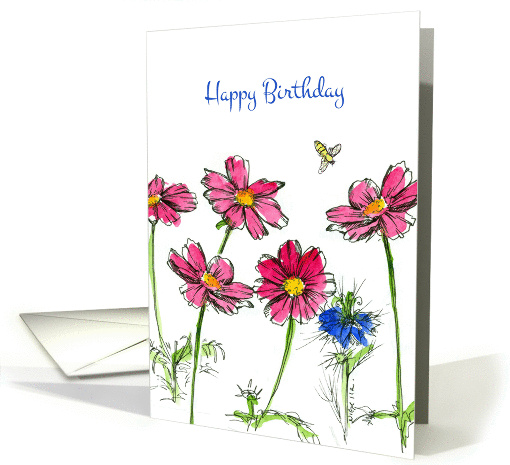 Happy Birthday Honey Bee Pink Coreopsis Nigella Watercolor... (219733)