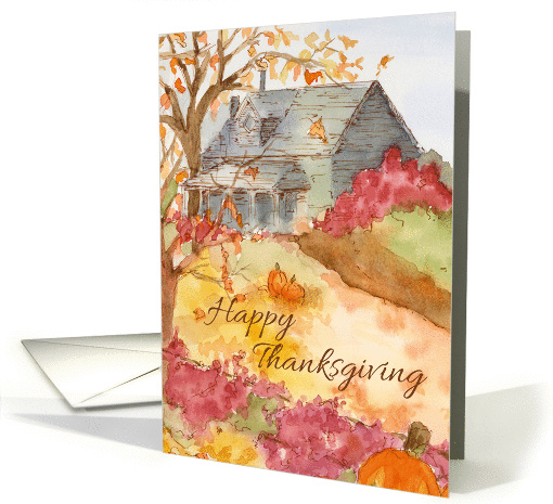 Happy Thanksgiving Autumn Country House Watercolor Landscape card