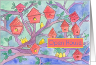 Open House Invitation Red Birdhouses Watercolor Illustration card