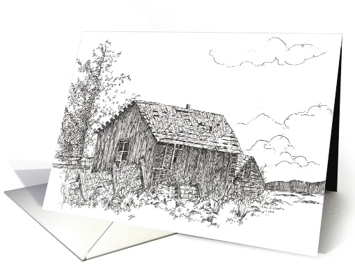 Black and White Cabin Landscape Drawing Blank card (230861)