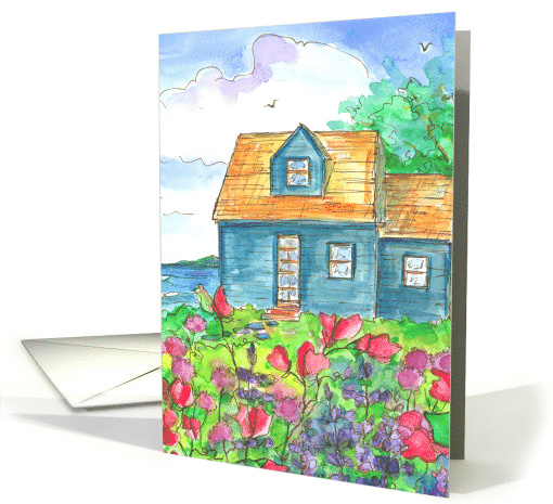 Seaside Cottage Sweet Peas Lupines Blank card (230865)