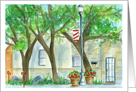 City Street Red Flowers Trees Blank card