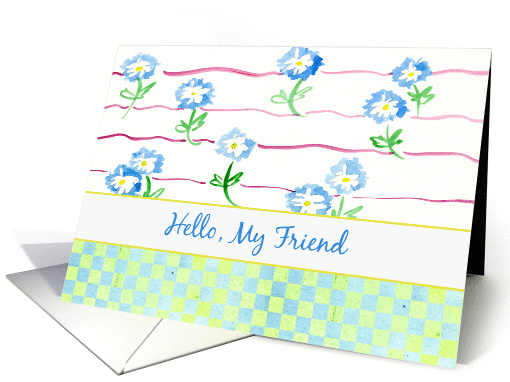 Hello My Friend Daisy Watercolor Flowers Green Checks card (239673)