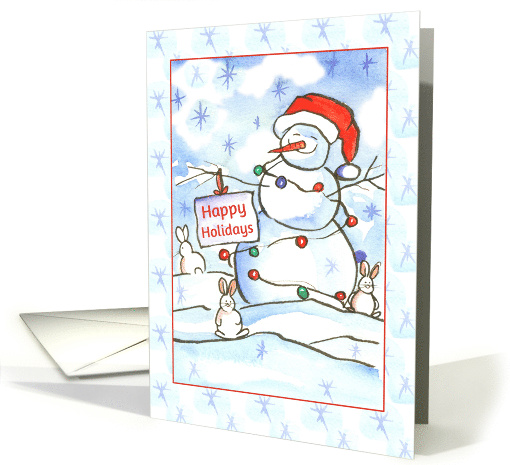 Happy Holidays Snowman Rabbits Snow Scene card (246681)
