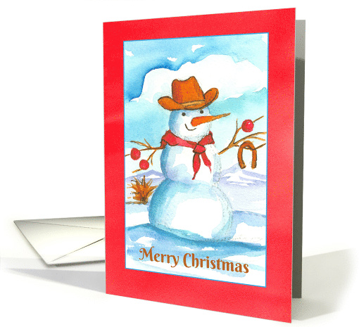 Merry Christmas Snowman Cowboy Horseshoe Watercolor card (246691)