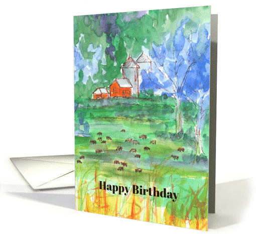 Happy Birthday Red Barn Cows Pasture Watercolor card (250004)