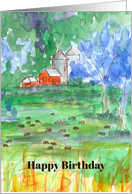 Happy Birthday Red Barn Cows Pasture Watercolor card