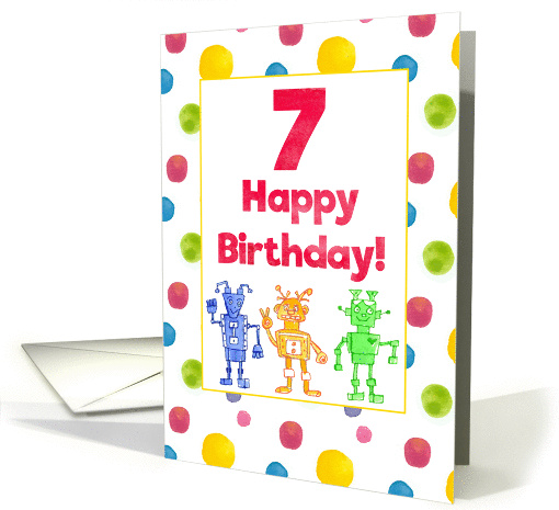 Happy 7th Birthday Colorful Robots Polka Dots Watercolor... (335849)