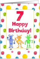 Happy 7th Birthday Colorful Robots Polka Dots Watercolor Illustration card
