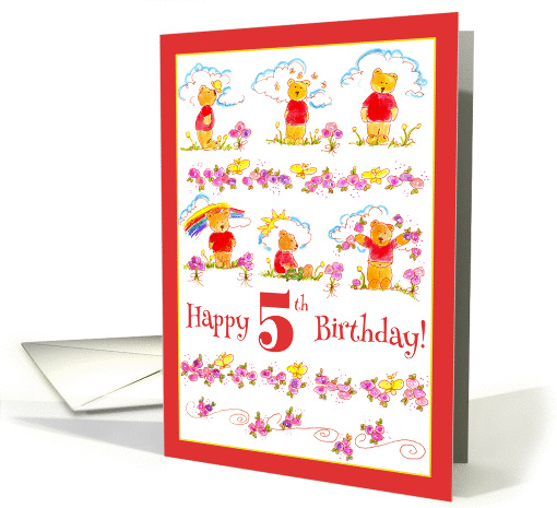 Happy 5th Birthday Teddy Bear Watercolor Flowers card (335861)