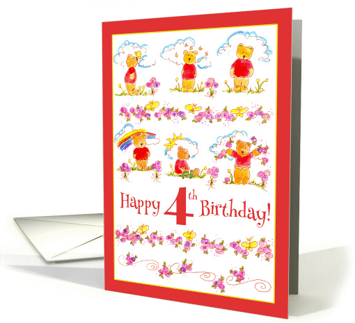 Happy 4th Birthday Teddy Bears Flowers Watercolor Illustration card