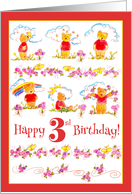 Happy 3rd Birthday Teddy Bear Watercolor Flowers Illustration card