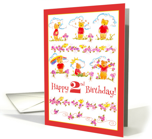 Happy 2nd Birthday Cute Teddy Bear Watercolor Flowers card (335881)