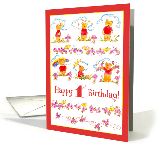 Happy 1st Birthday Teddy Bear Watercolor Flowers card (335883)