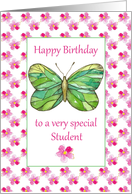 Happy Birthday Student Green Butterfly Pink Watercolor Flowers card