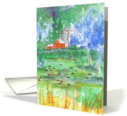 Cows Red Barn Farm Animals Trees Illustration Blank card (361201)