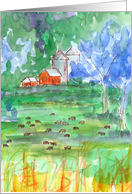 Cows Red Barn Farm Animals Trees Illustration Blank card