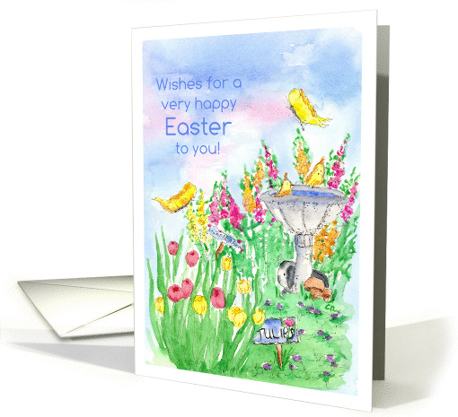 Happy Easter Spring Bunny Birds Butterflies Watercolor Painting card