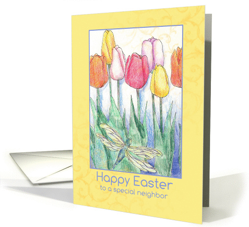 Happy Easter Neighbor Spring Tulips Flower Bouquet Dragonfly card