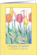 Happy Easter Neighbor Spring Tulips Flower Bouquet Dragonfly card