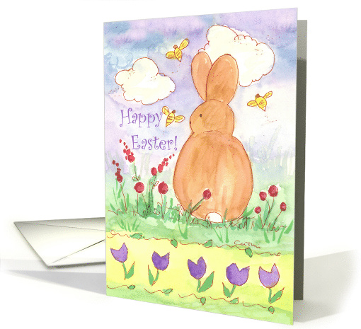 Happy Easter Bunny Bees Watercolor Flower Meadow card (370134)