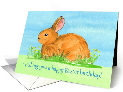 Happy Easter Birthday Rabbit Yellow Flowers Watercolor card (370591)