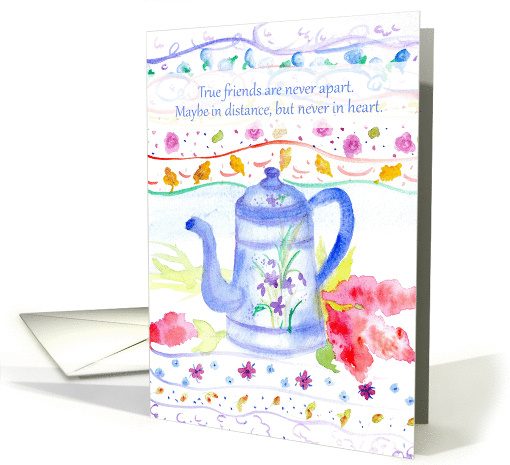 Friendship Poem Vintage Blue Teapot Watercolor Flowers card (423101)