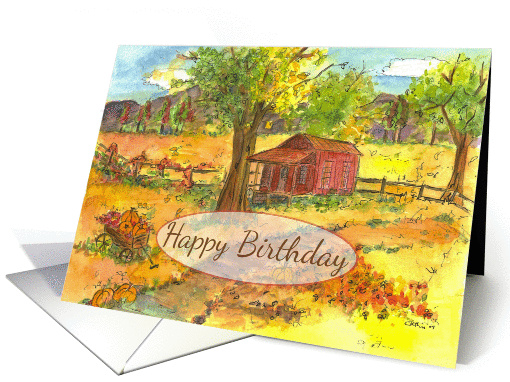 Happy Birthday Card Autumn Red Cabin Pumpkins Watercolor Art card