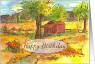 Happy Birthday Card Autumn Red Cabin Pumpkins Watercolor Art card