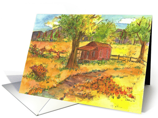 Red Cabin Autumn Trees Pumpkins Blank card (520411)