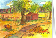 Red Cabin Autumn Trees Pumpkins Blank card