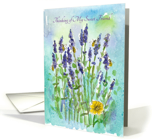 Thinking of My Sweet Friend Honey Bee Lavender Watercolor Art card