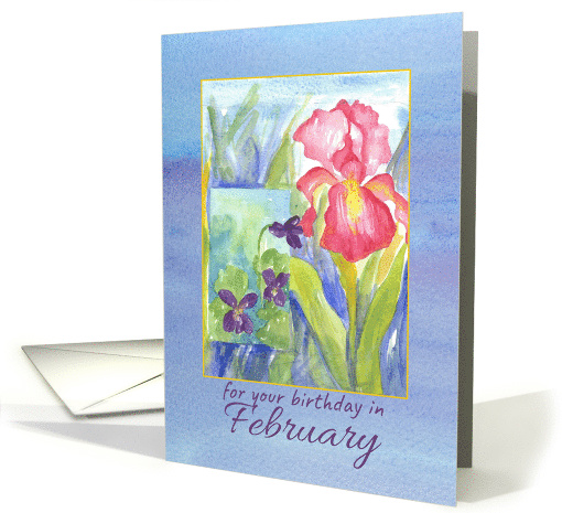 Happy February Birthday Pink Iris Watercolor Flower card (552209)
